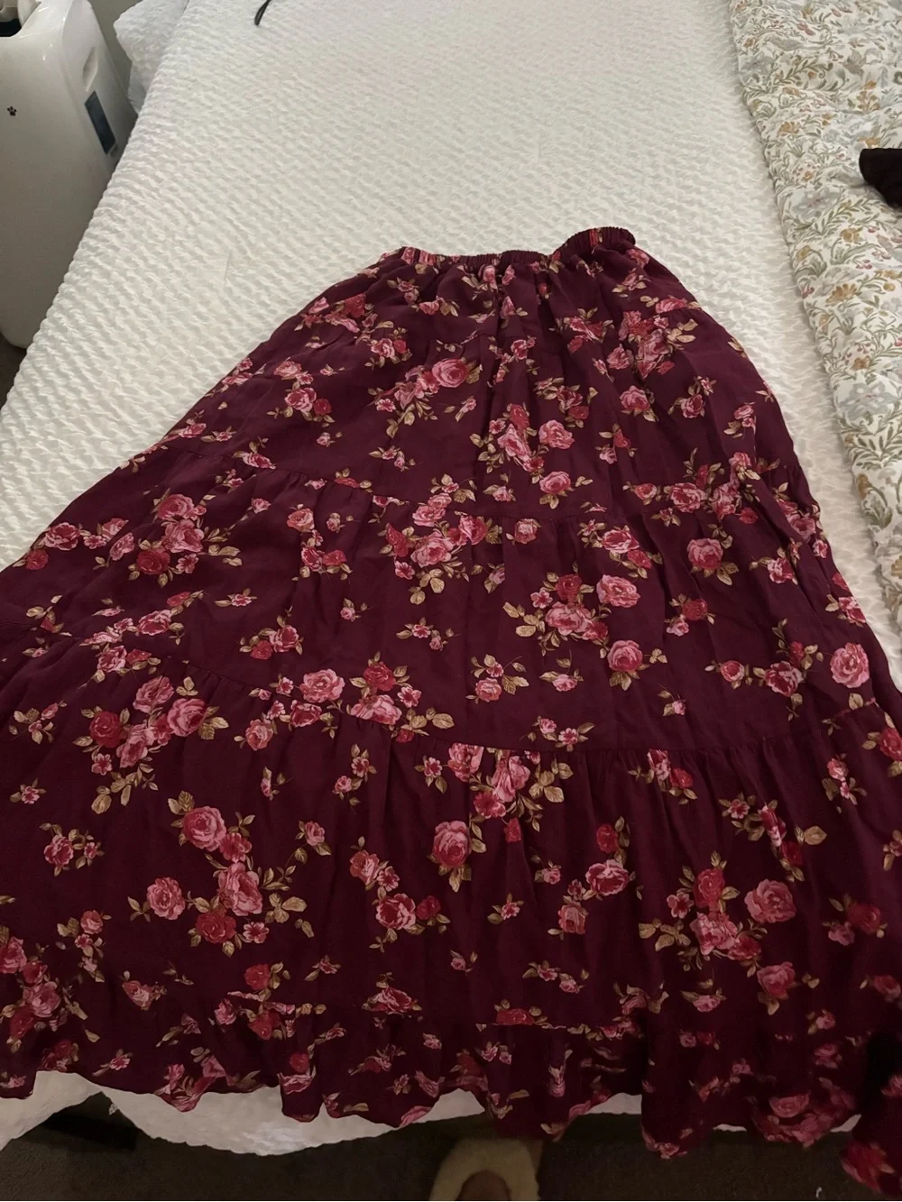 Altar'd State Burgundy Maxi Skirt with Pink Rose Print